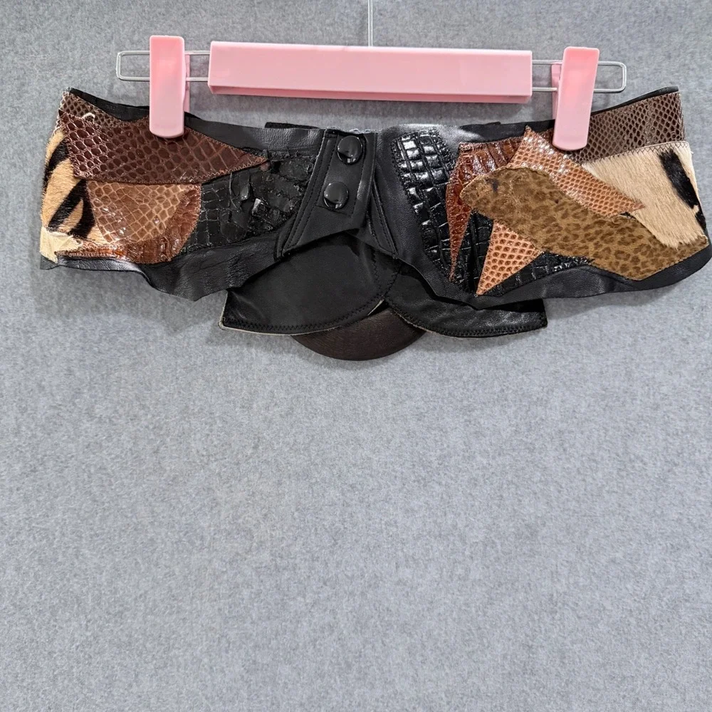 Vintage exotic Patchwork Animal Print Mixed Texture Wide Waist Belt Brown Black